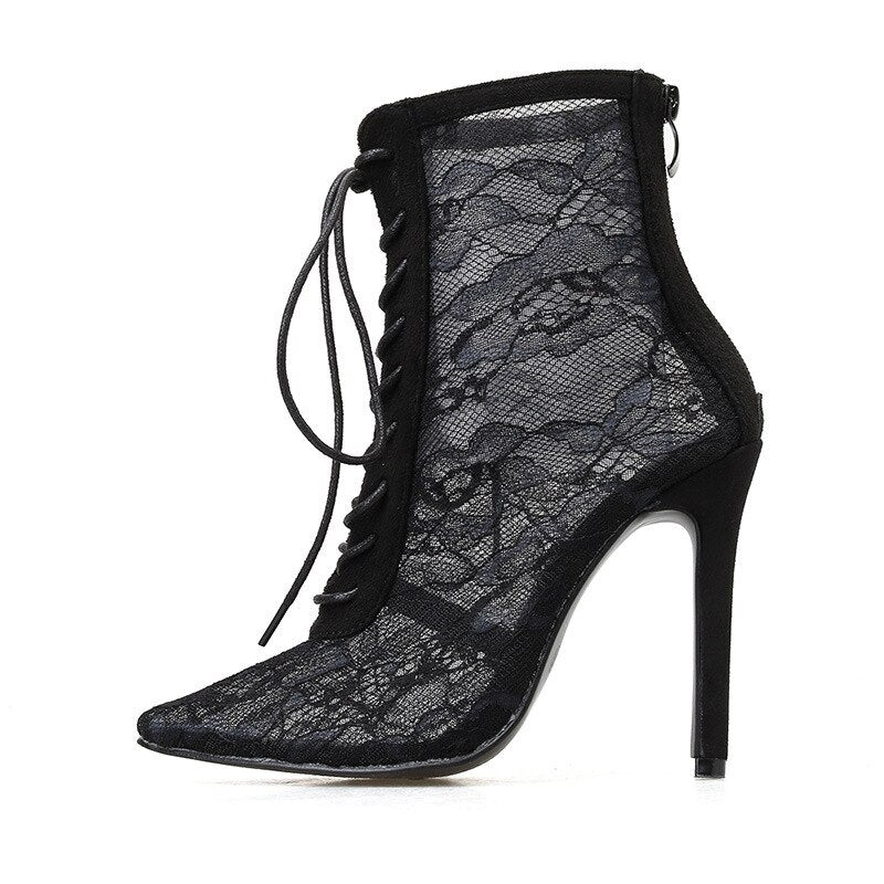 Floral Lace Lace-Up Ankle Bootie