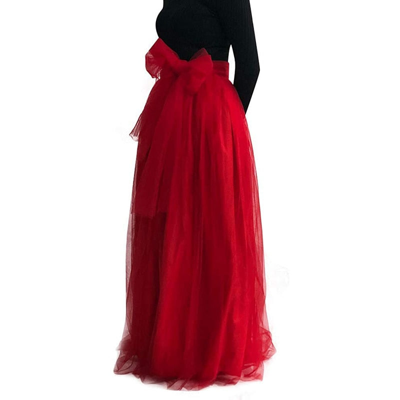 Floor-length High Waisted Puffy Tulle Skirt with Bowknot Belt