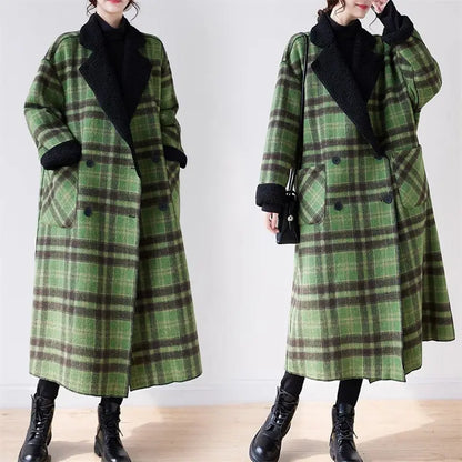 Plush Plaid Woolen Coat - Oversized Reversible Jacket