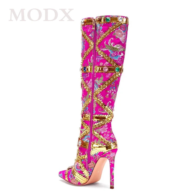 Luxury Colorful Brocade Diamond Boots