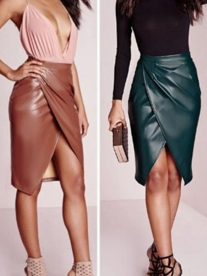 Faux Leather Split Midi Skirt