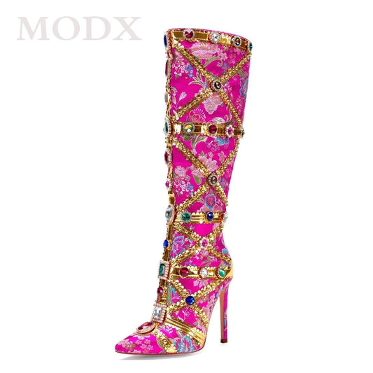 Luxury Colorful Brocade Diamond Boots