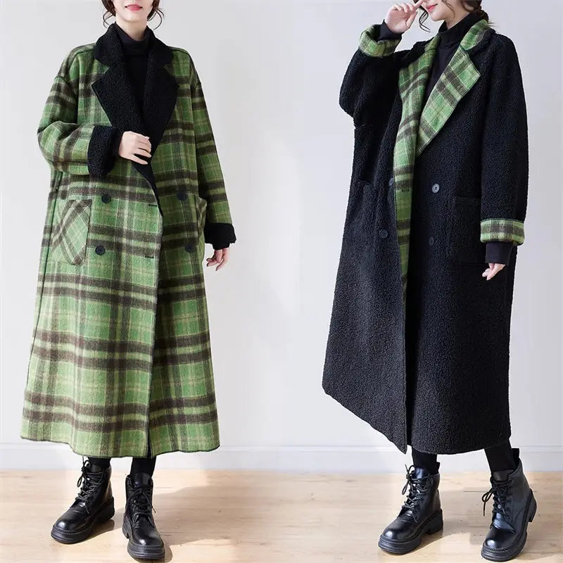 Plush Plaid Woolen Coat - Oversized Reversible Jacket