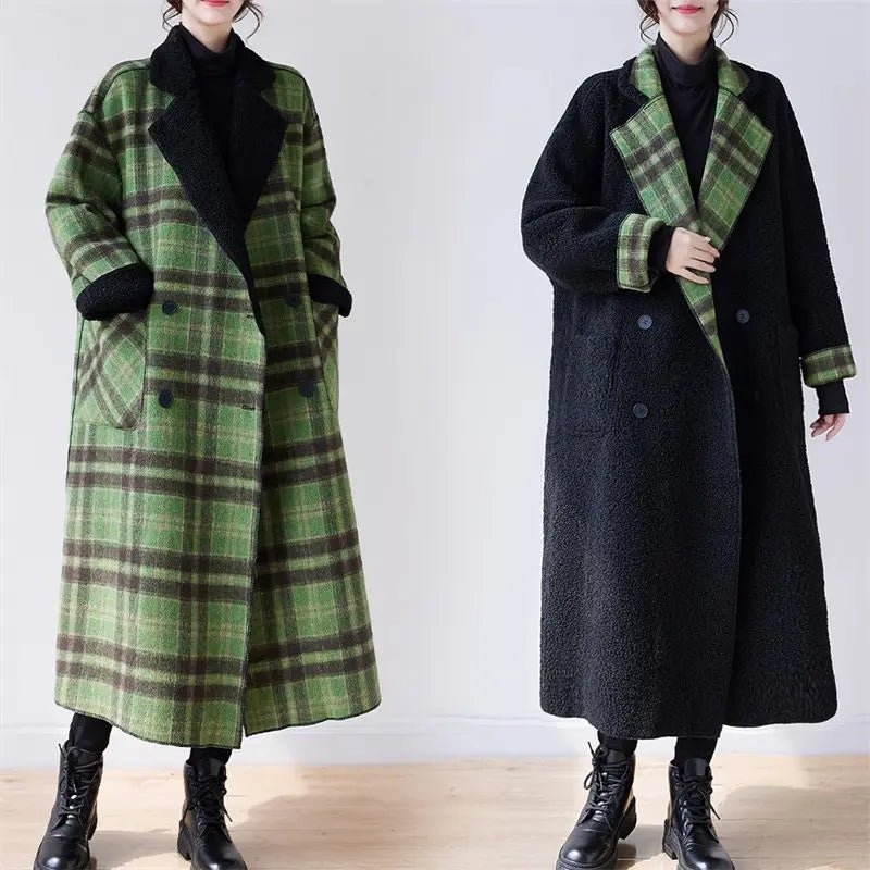 Plush Plaid Woolen Coat - Oversized Reversible Jacket