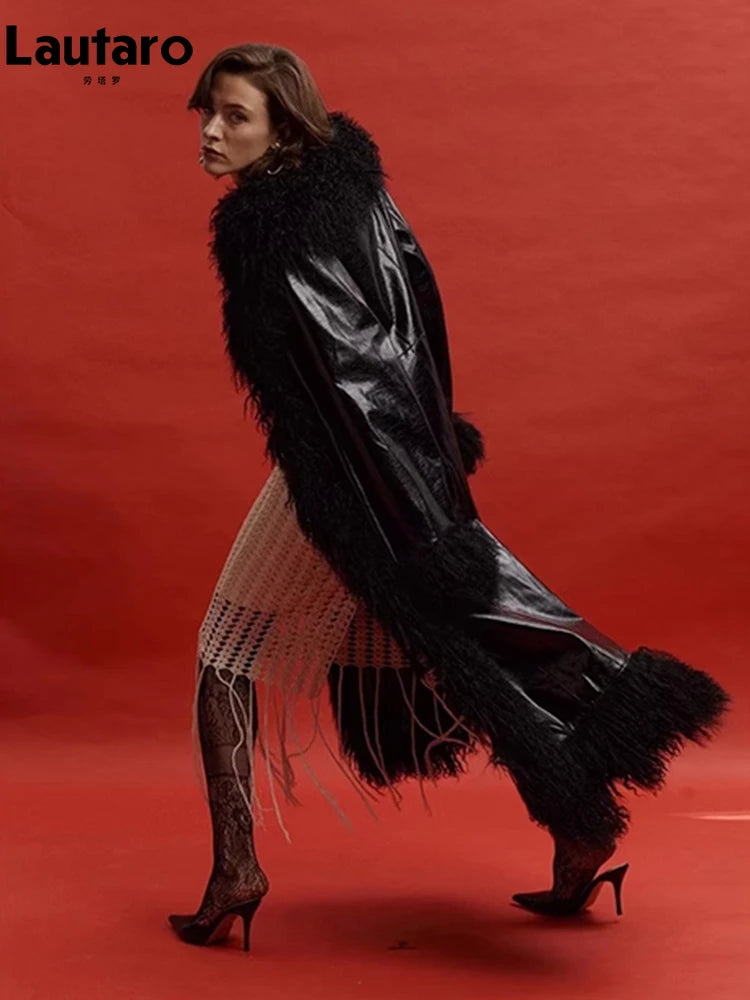 Black Patent Leather Coat with Faux Fur Trim