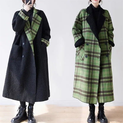 Plush Plaid Woolen Coat - Oversized Reversible Jacket