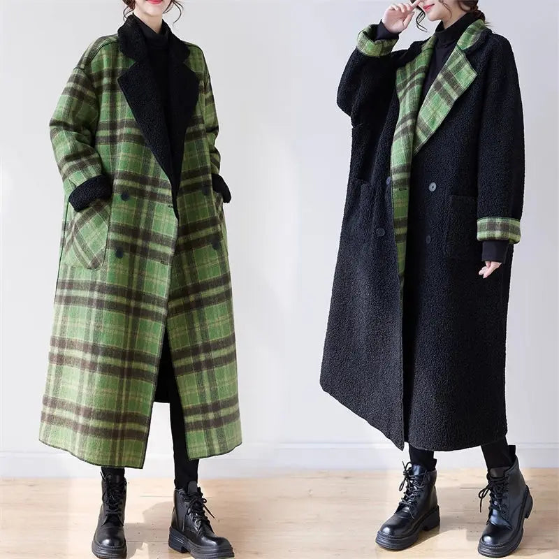 Plush Plaid Woolen Coat - Oversized Reversible Jacket