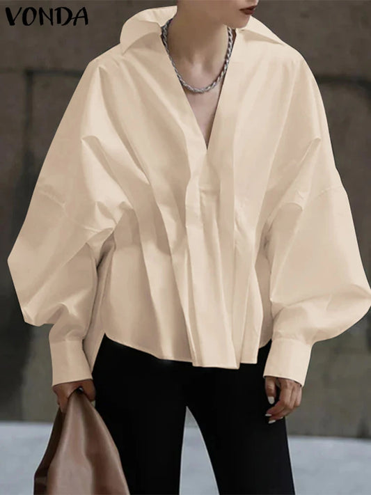 Puff Sleeve Pleated Collar Shirt