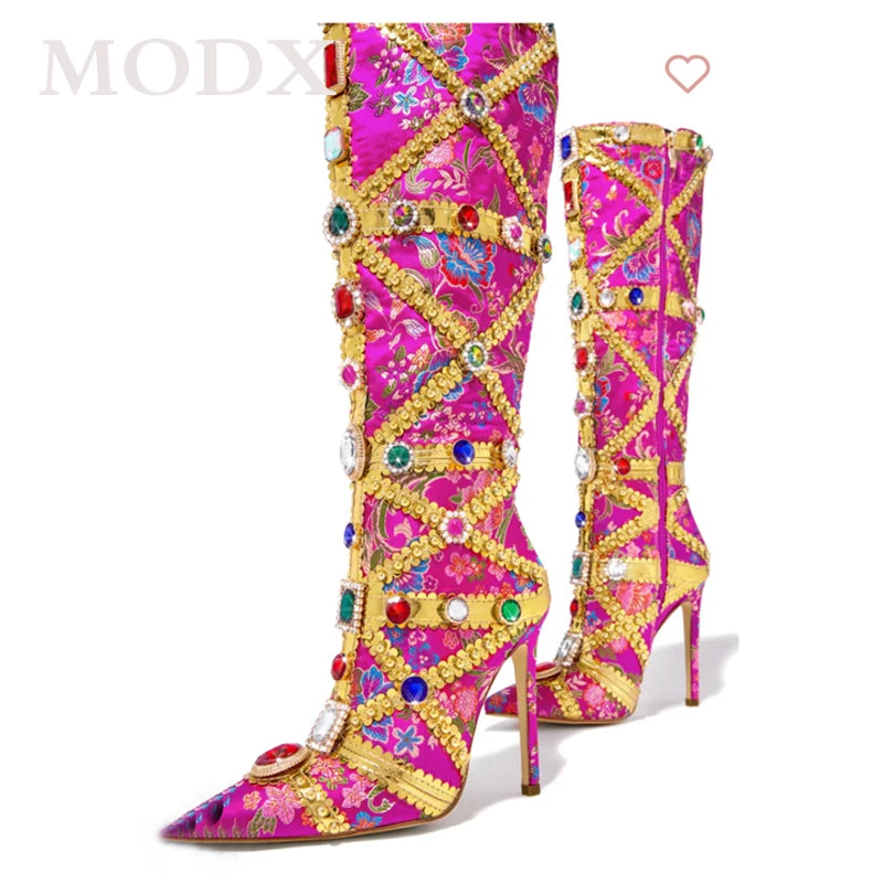 Luxury Colorful Brocade Diamond Boots