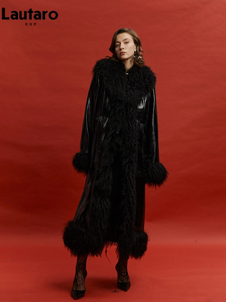 Black Patent Leather Coat with Faux Fur Trim