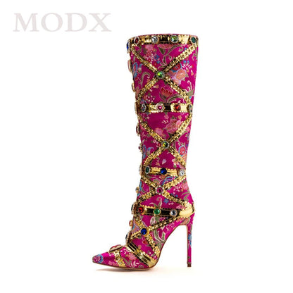 Luxury Colorful Brocade Diamond Boots