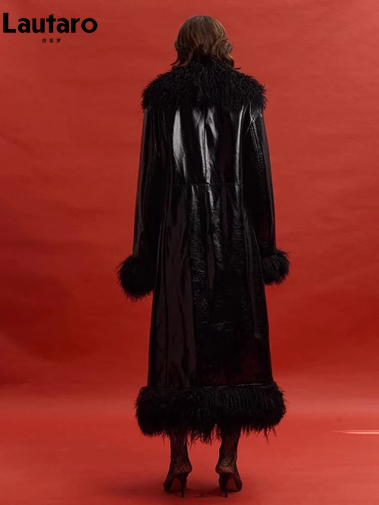 Black Patent Leather Coat with Faux Fur Trim