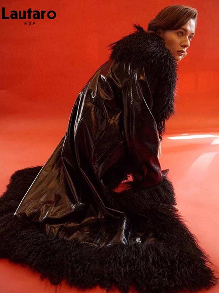 Black Patent Leather Coat with Faux Fur Trim