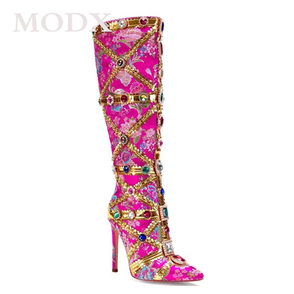 Luxury Colorful Brocade Diamond Boots