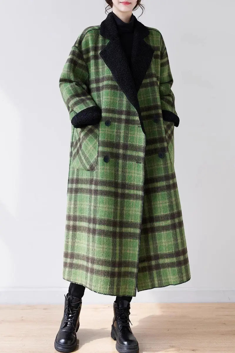 Plush Plaid Woolen Coat - Oversized Reversible Jacket