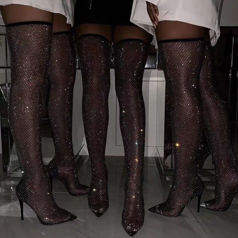 Thigh High Crystal Fishnet Boots