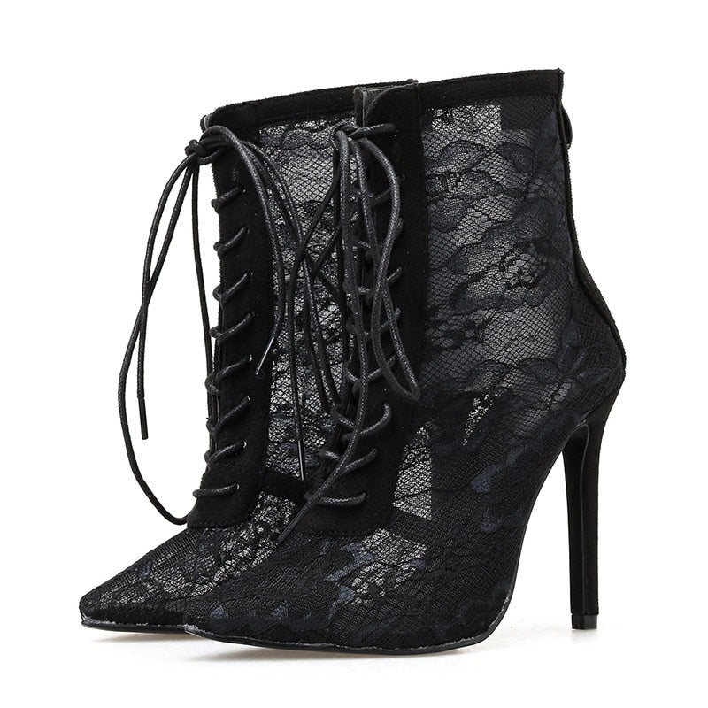 Floral Lace Lace-Up Ankle Bootie