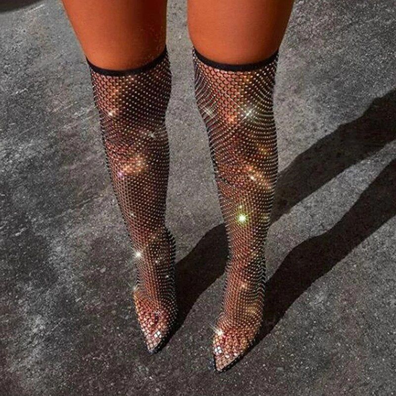 Thigh High Crystal Fishnet Boots