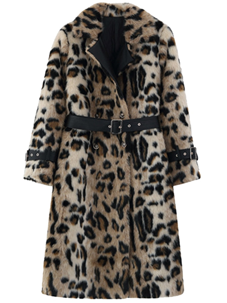 Long Leopard Faux Fur Trench