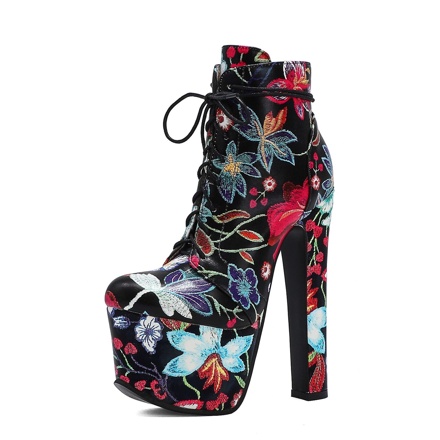 Platform Hand-Embroidered Floral Ankle Boot