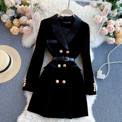 Double Breasted Velvet Suit Jacket with Belt