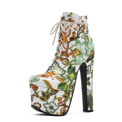 Platform Hand-Embroidered Floral Ankle Boot