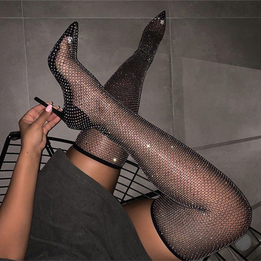 Thigh High Crystal Fishnet Boots