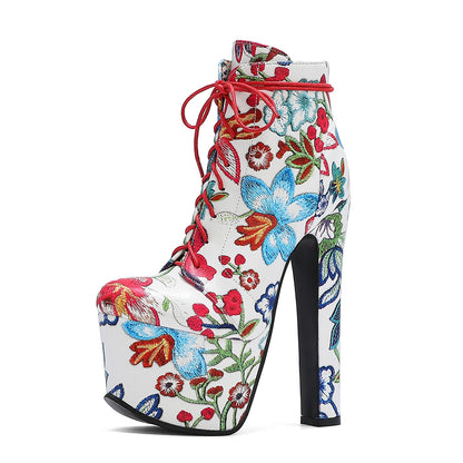 Platform Hand-Embroidered Floral Ankle Boot