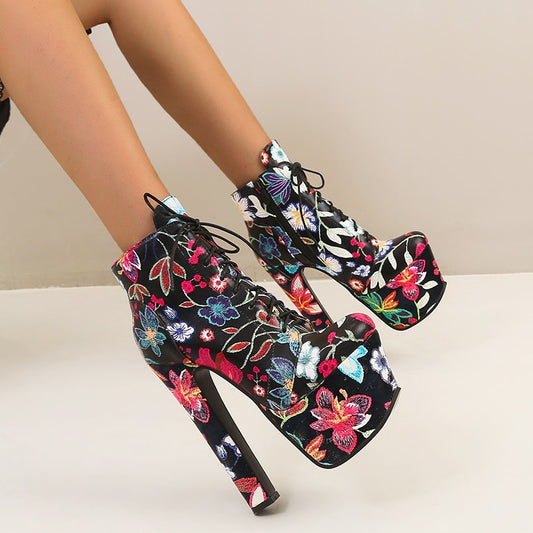 Platform Hand-Embroidered Floral Ankle Boot