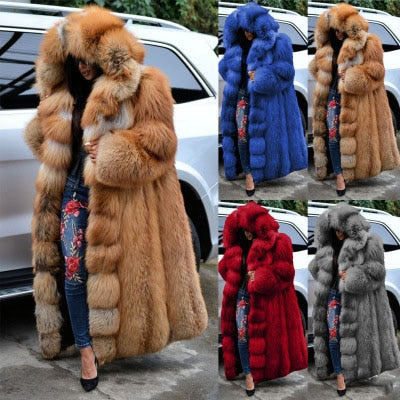 Long Hooded Faux Fur Coat