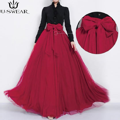 Floor-length High Waisted Puffy Tulle Skirt with Bowknot Belt