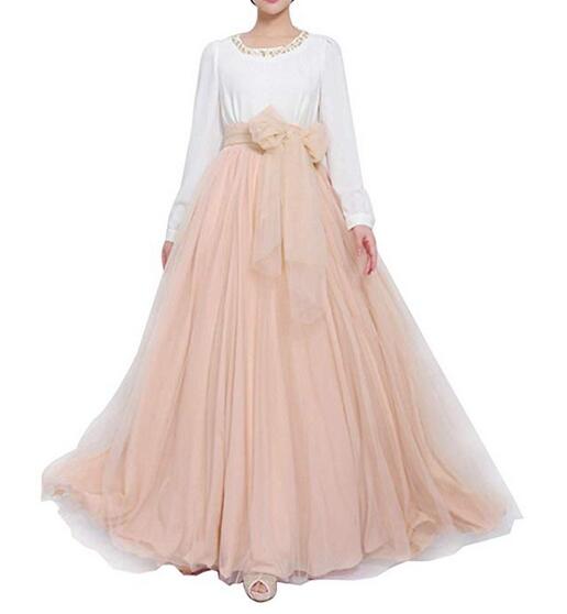 Floor-length High Waisted Puffy Tulle Skirt with Bowknot Belt