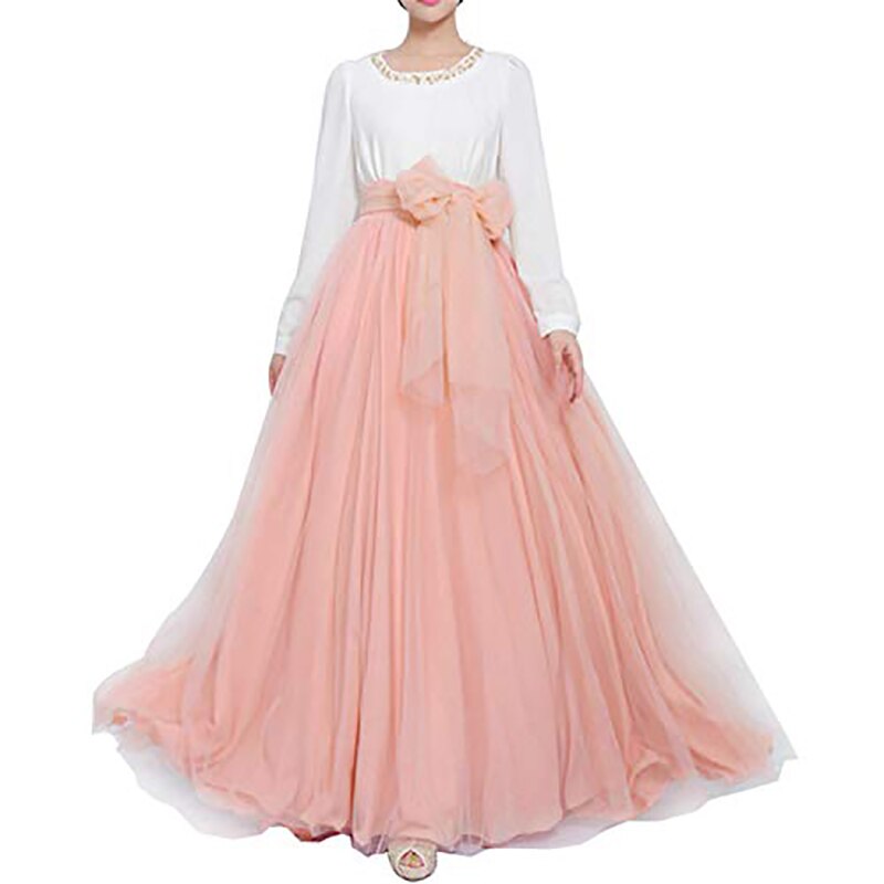 Floor-length High Waisted Puffy Tulle Skirt with Bowknot Belt