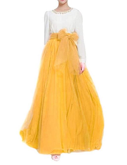 Floor-length High Waisted Puffy Tulle Skirt with Bowknot Belt