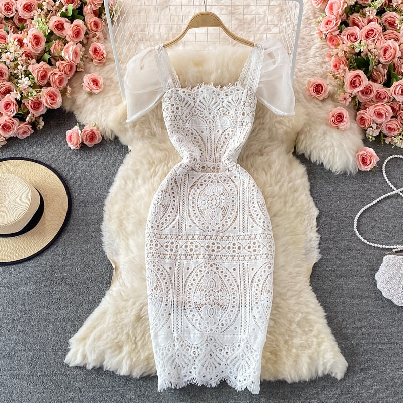 Lace Puff Sleeve Midi Dress