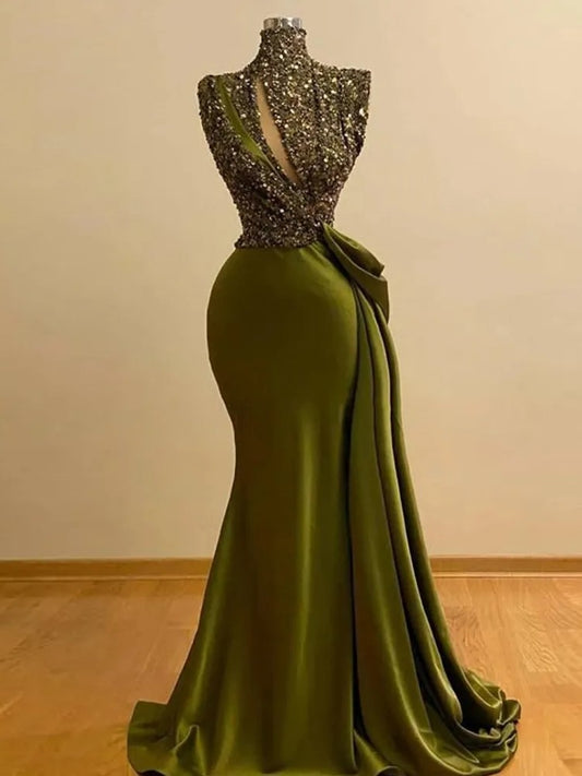 High Collar Green Evening Dress with Sequins