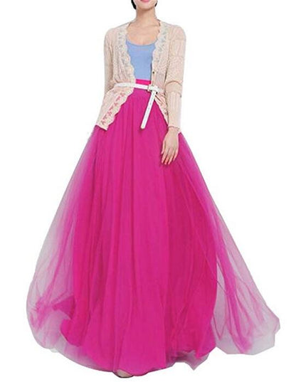 Floor-length High Waisted Puffy Tulle Skirt with Bowknot Belt