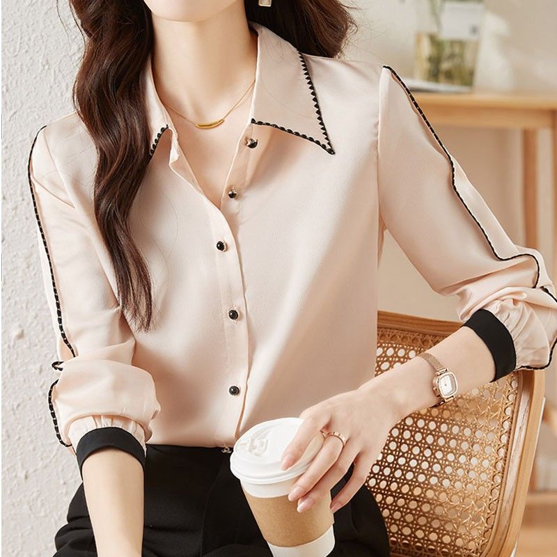 Turn-down Collar Blouse with Black Accents