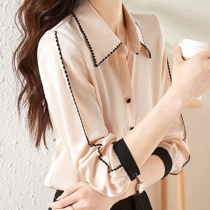 Turn-down Collar Blouse with Black Accents