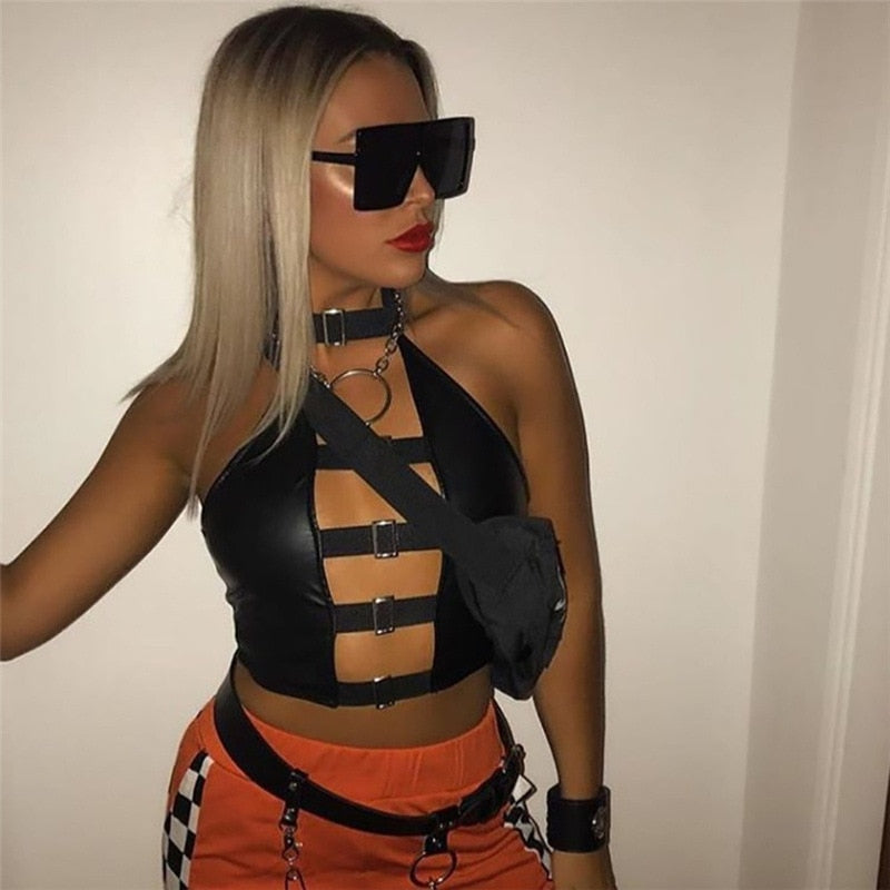 PU Leather Buckle Crop Top