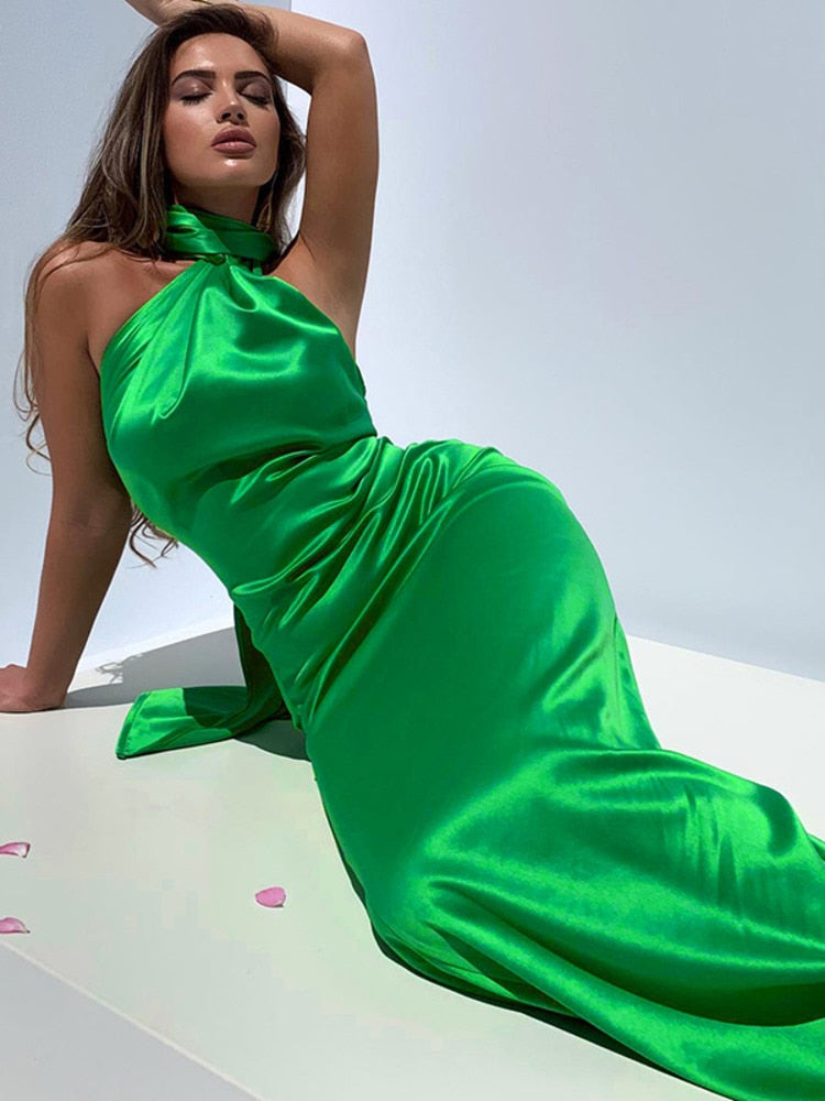 Satin Halter Neck Maxi Dress