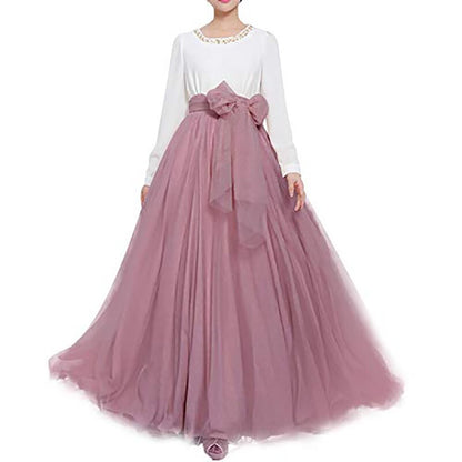 Floor-length High Waisted Puffy Tulle Skirt with Bowknot Belt