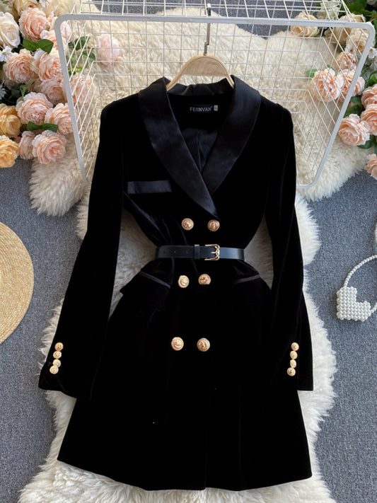 Double Breasted Velvet Suit Jacket with Belt