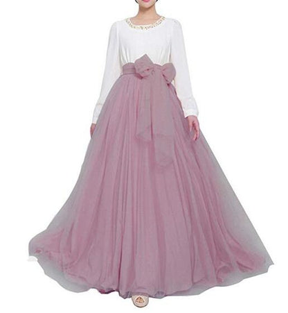 Floor-length High Waisted Puffy Tulle Skirt with Bowknot Belt