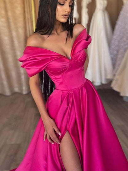 Rose Red Satin Floor-Length Gown