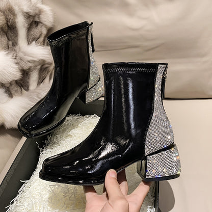 Rhinestone Square Toe Ankle Boots