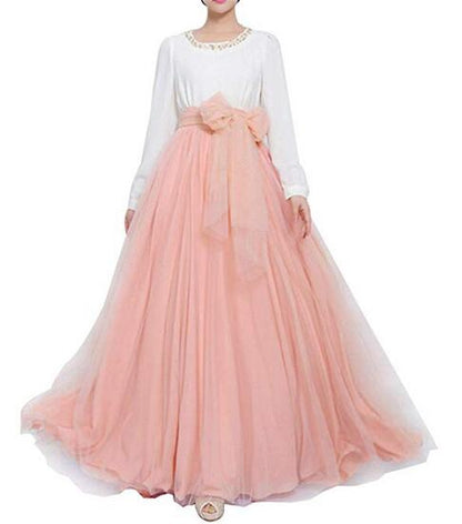 Floor-length High Waisted Puffy Tulle Skirt with Bowknot Belt