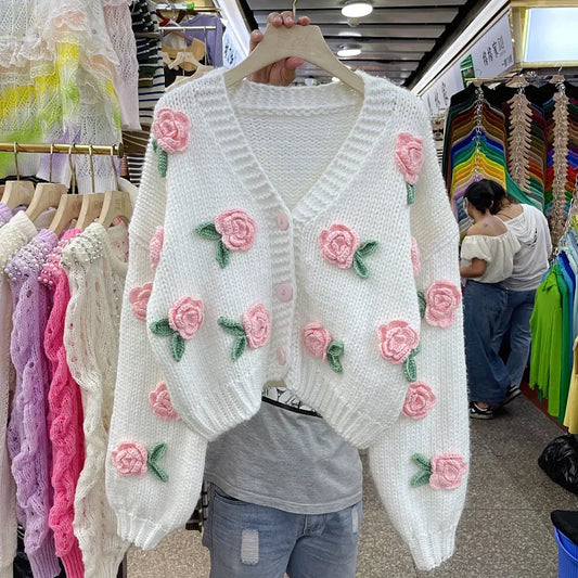 Knit Sweater with Rose Flowers