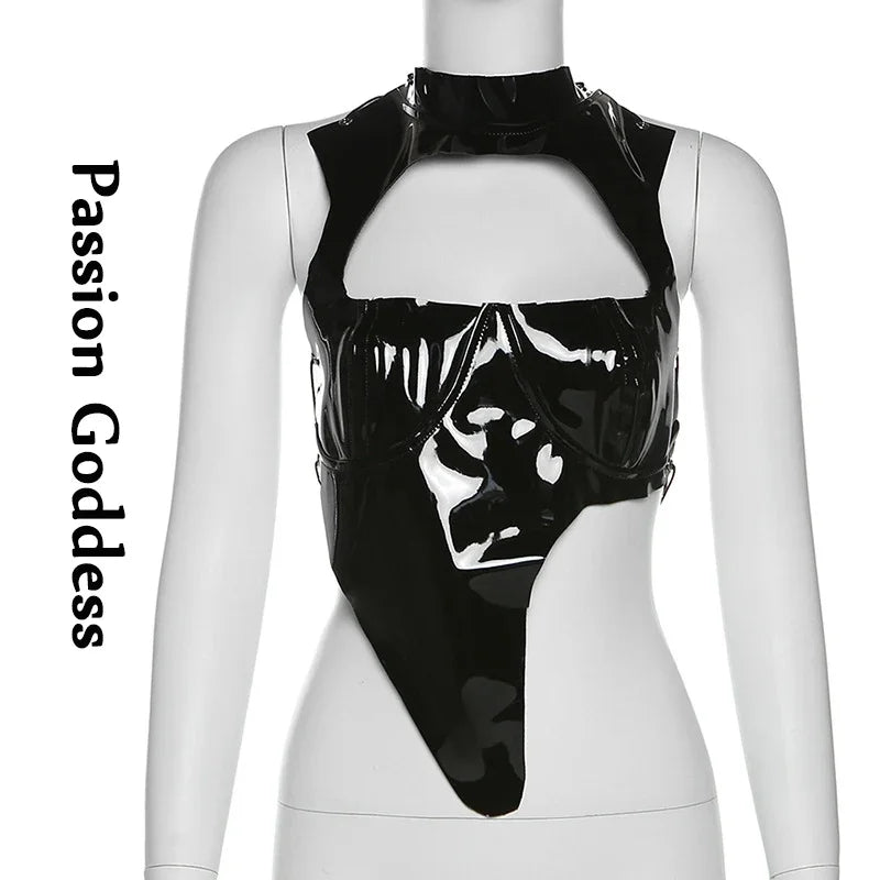 Metallic Faux Leather  Bandage Corset Tops