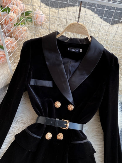 Double Breasted Velvet Suit Jacket with Belt